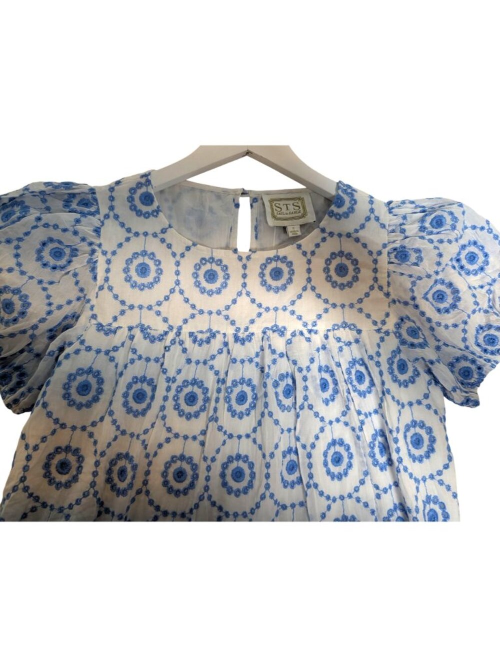SAIL TO SABLE Blue & White Embroidered Eyelet Puff Short Sleeve Babydoll Top - S - Picture 7 of 15